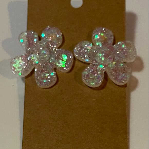 Handmade epoxy resin large flower earrings - translucent holographic glitter - Picture 2 of 3